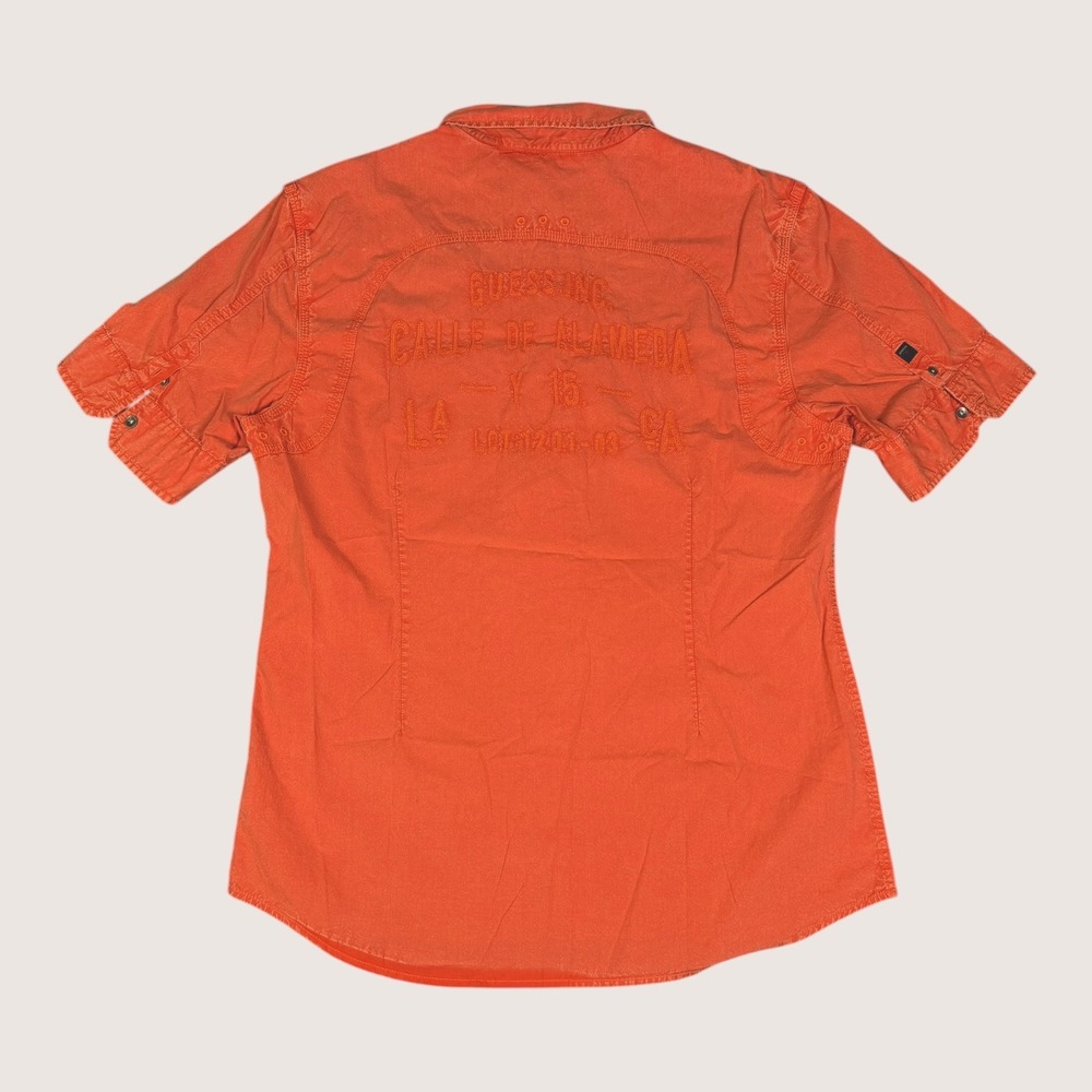 Vintage Guess Embroidered Shirt Mens Large Coral Red Slim Fit Rugged Biker Y2K
